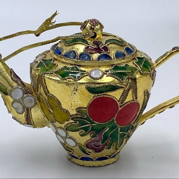 Other - VTG 2” Cloisonné Teapot Christmas Ornament Red and gold Holly Enamel 2.5” tall.